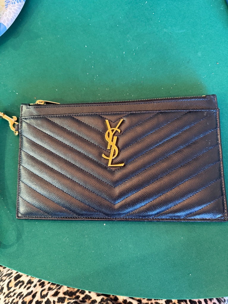 Saint Laurent Black Chevron Quilted Leather Pouch With Gold Ysl Logo